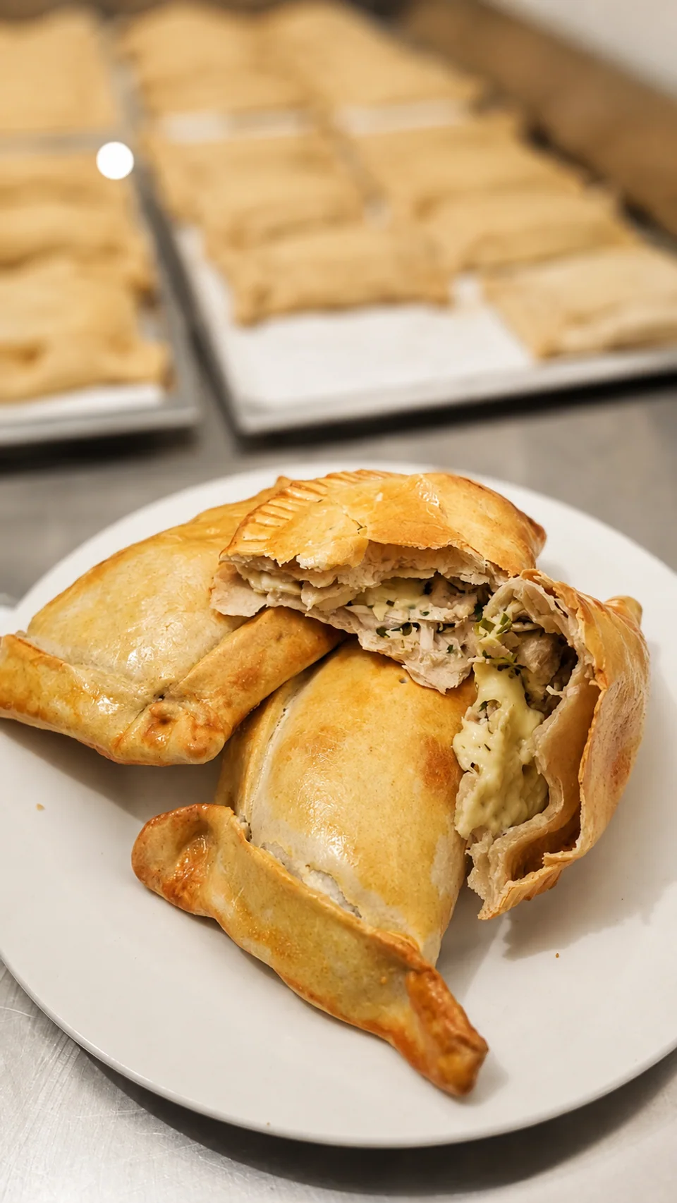 Empanadas de pollo queso ciboulette de La Patrona, con el relleno visible